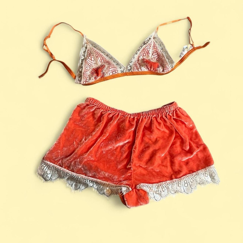 Velvet Lace-Trim Orange Sleep Set - Women Intimates